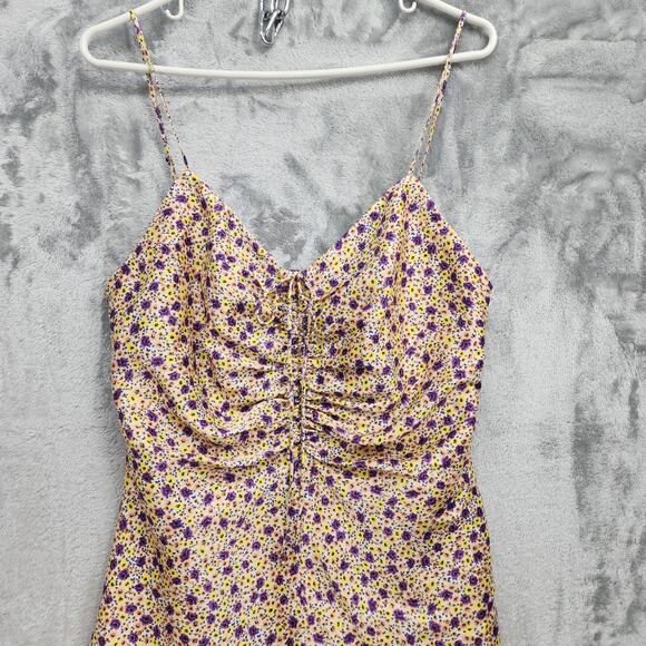 Zara Dress Womens L Multicolor Floral Satin Slip Ruched Tie Front Mini Party - Picture 2 of 11